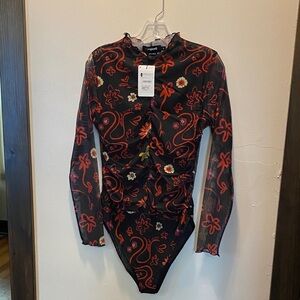 Chic Black and Red Floral Bodysuit